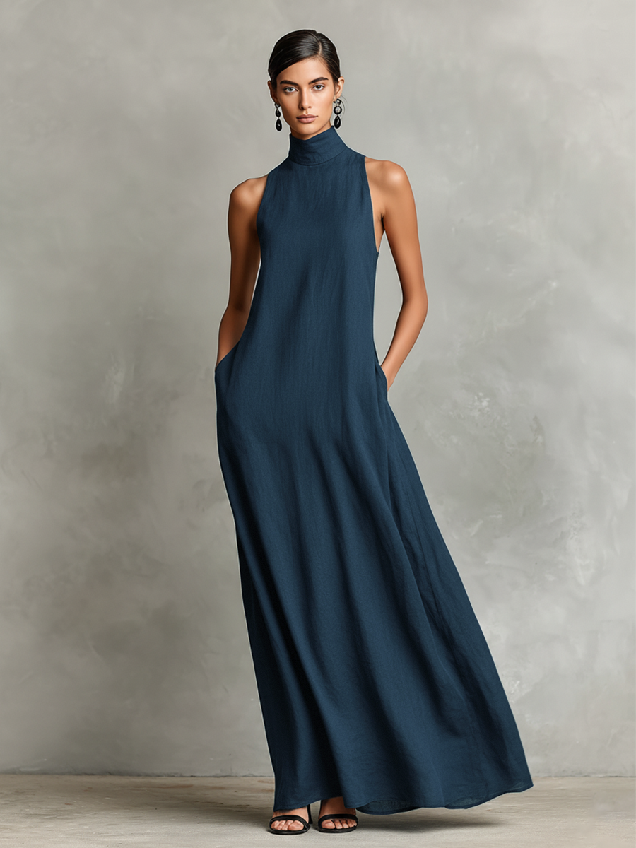 Trendé™ | Daria Leinenmix-Maxikleid mit hohem Kragen und Taschen