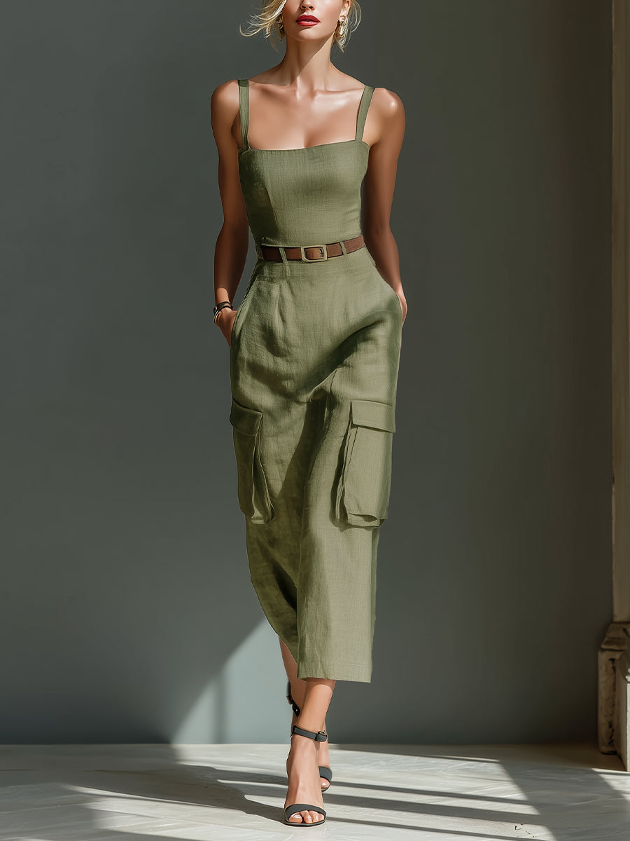 Trendé™ | Olive Utility-Midikleid aus Leinen-Mix mit Gürtel