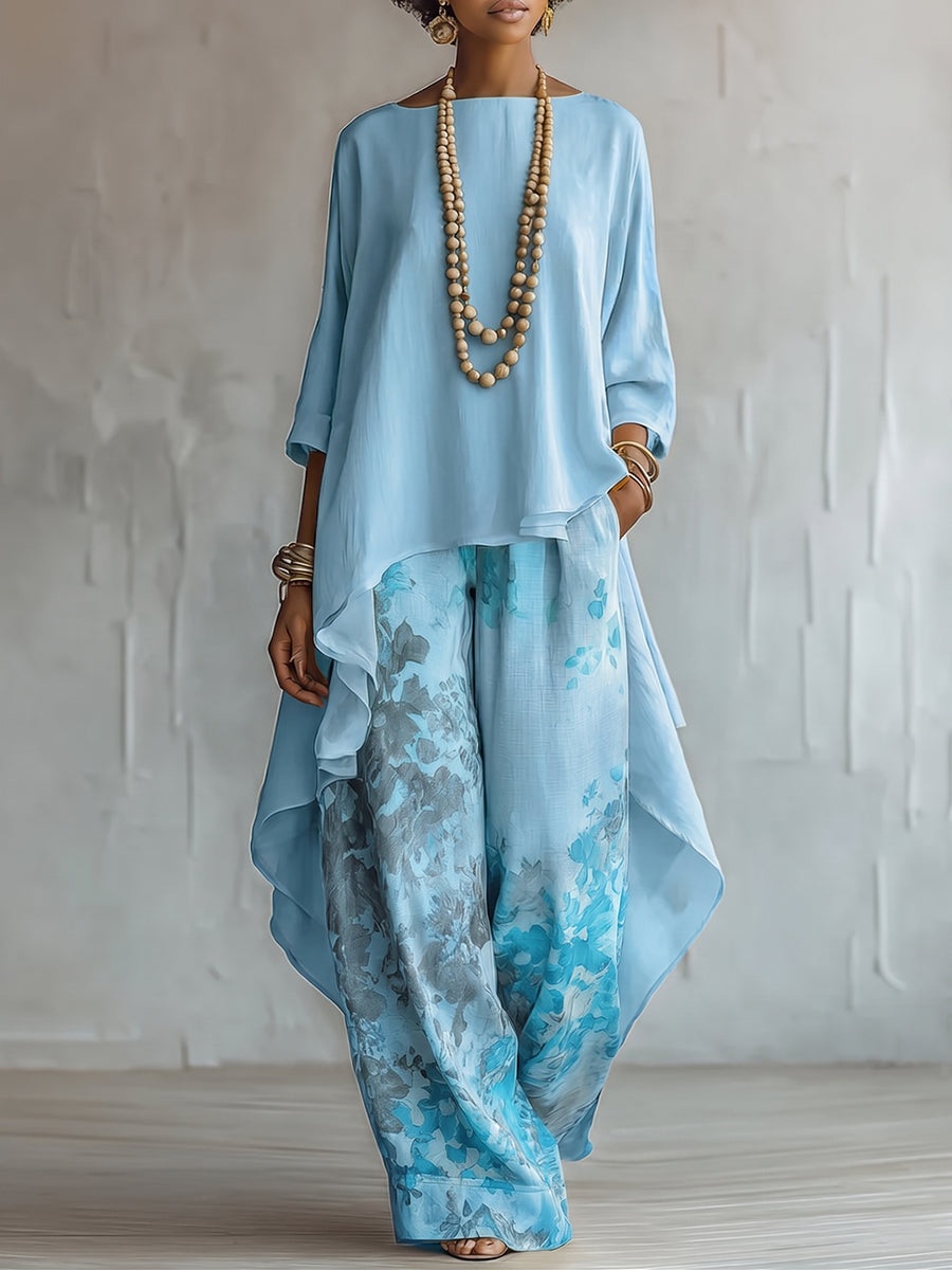 Asymmetrisches Oberteil und Hose mit weitem Bein im Blumenmuster – Set