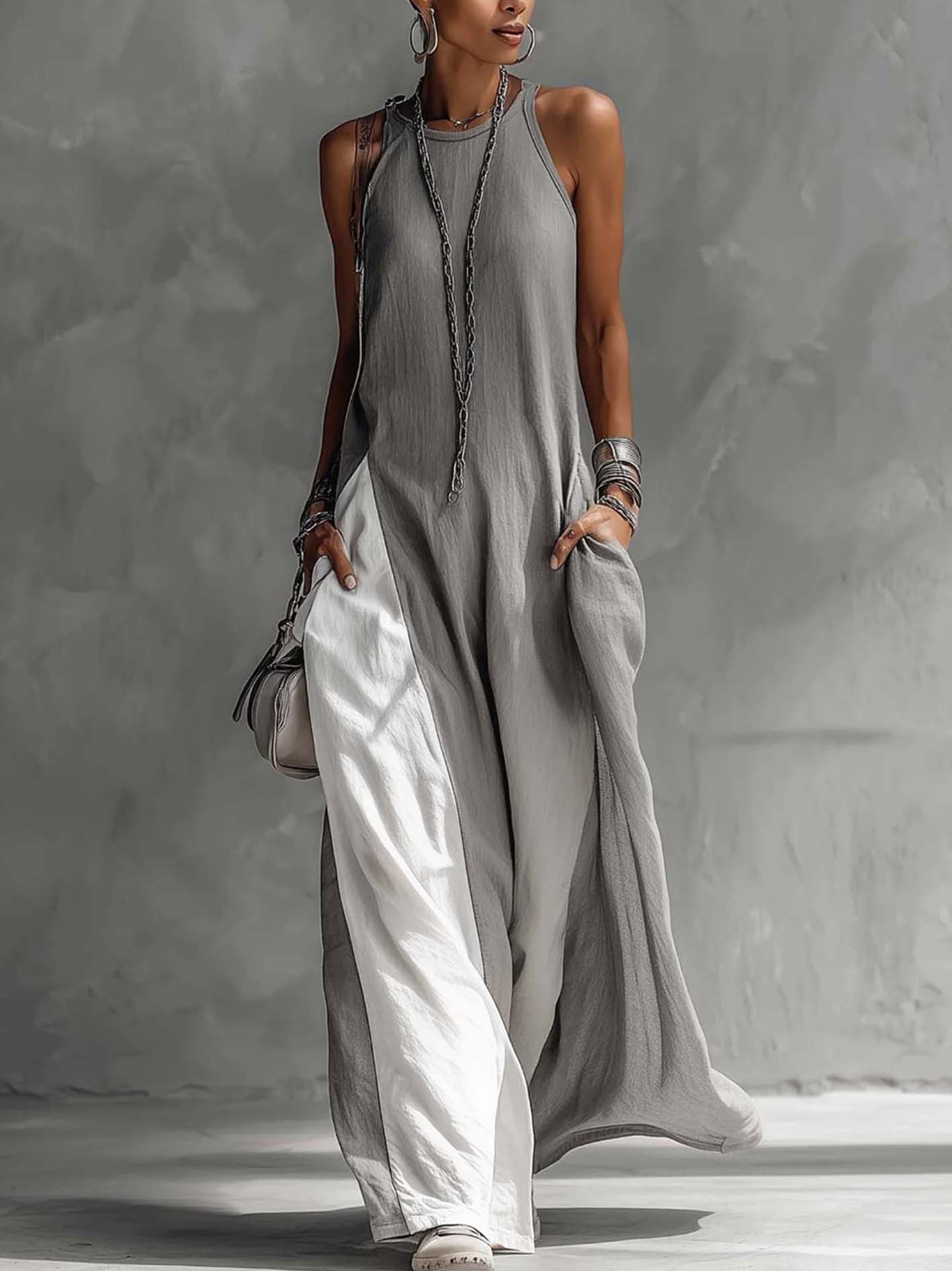 Trendé™ | Livia Farbblock-Maxikleid aus Baumwoll-Leinen-Mix