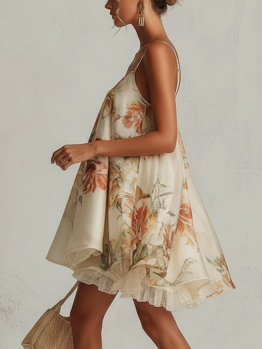 Trendé™ | Bianca Beiges Organza-Minikleid mit Blumenmuster
