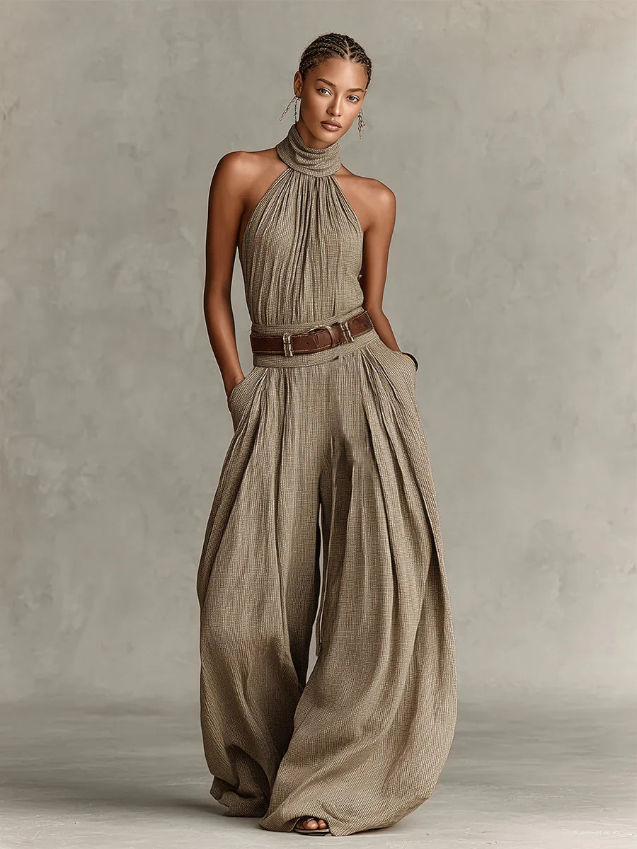Trendé™ | Caterina Taupefarbener Boho-Jumpsuit mit weitem Bein