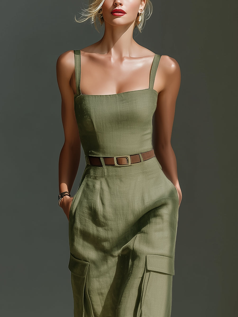 Trendé™ | Olive Utility-Midikleid aus Leinen-Mix mit Gürtel