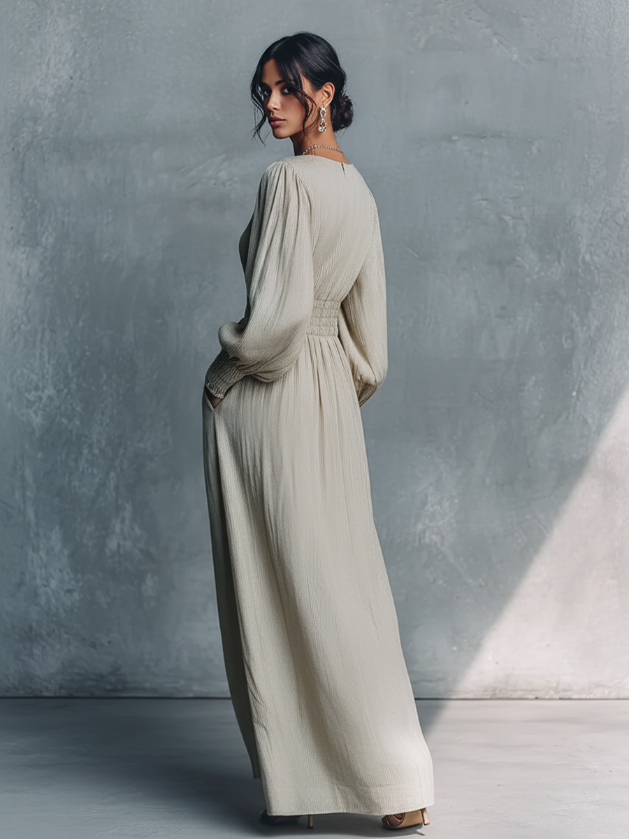Trendé™ | Savina Baumwoll-Leinen-Maxikleid mit V-Ausschnitt und Streifenmuster