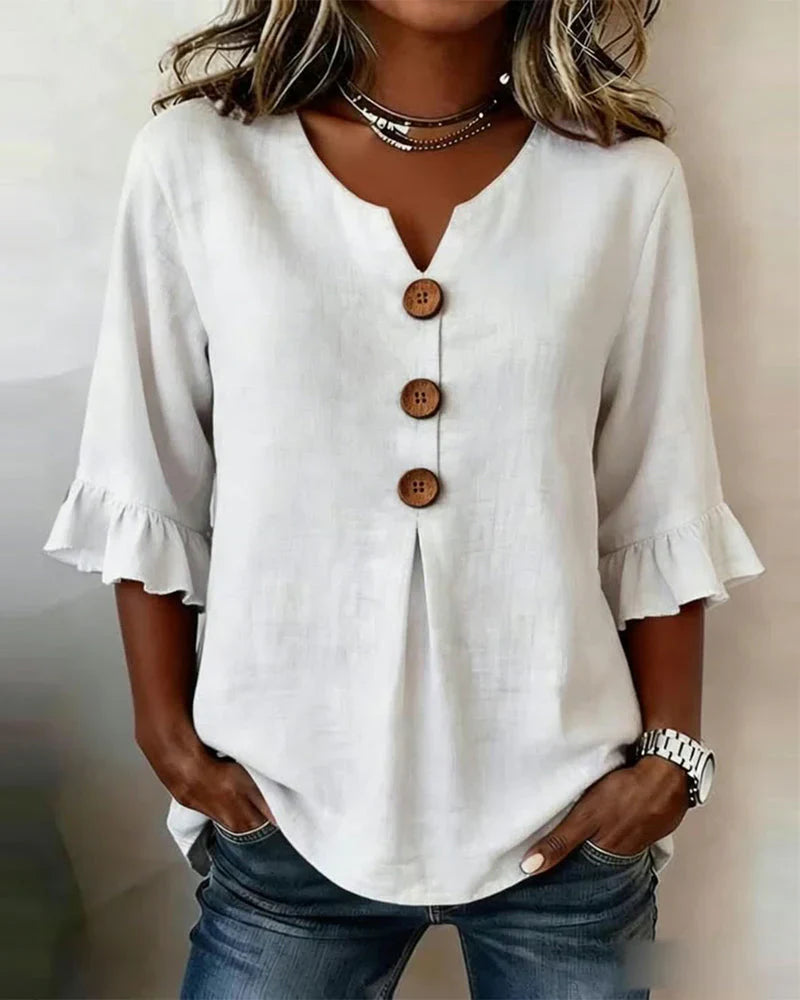 Sophia | Uni-Bluse mit Holzknöpfen und Rüschendetails