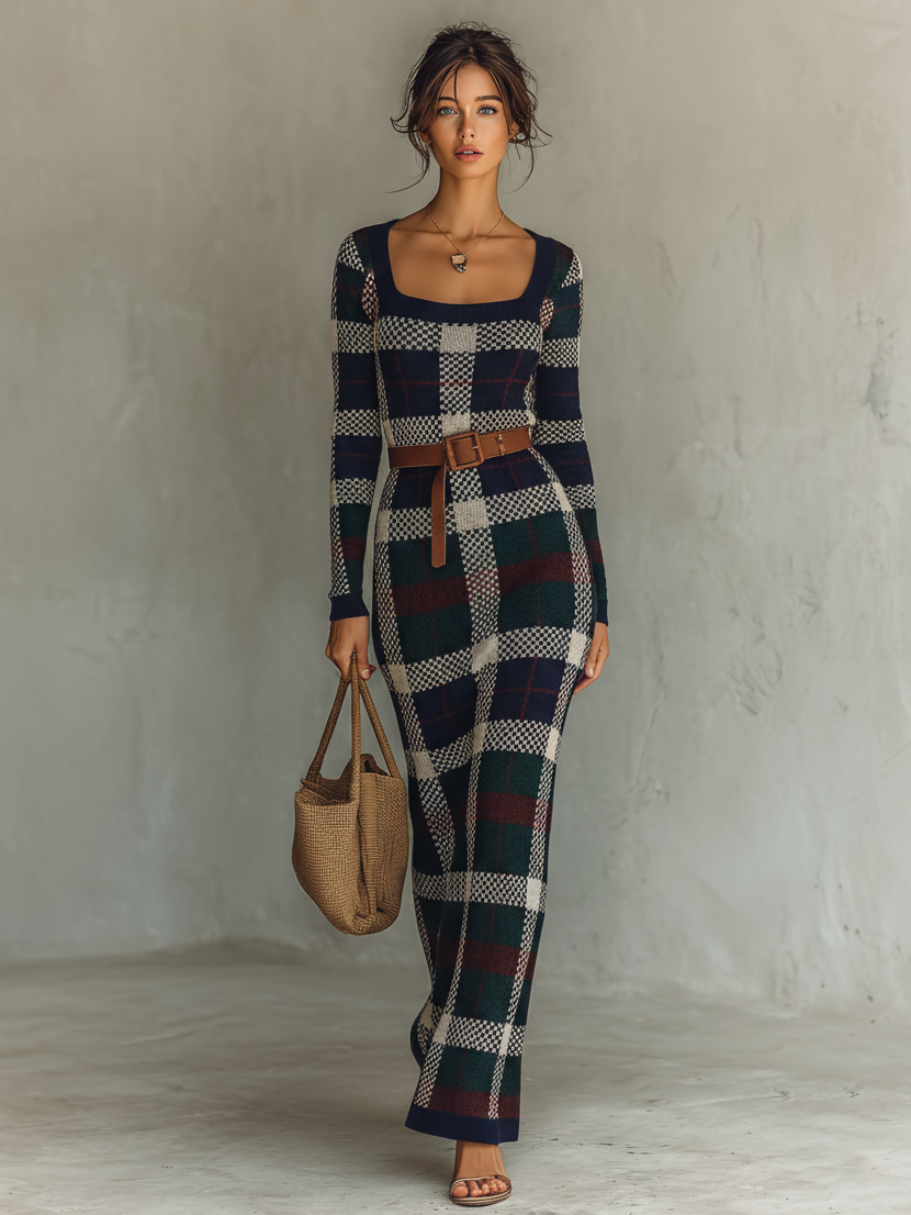 Trendé™ | Noa Strick-Maxikleid mit Karree-Ausschnitt und Gürtel