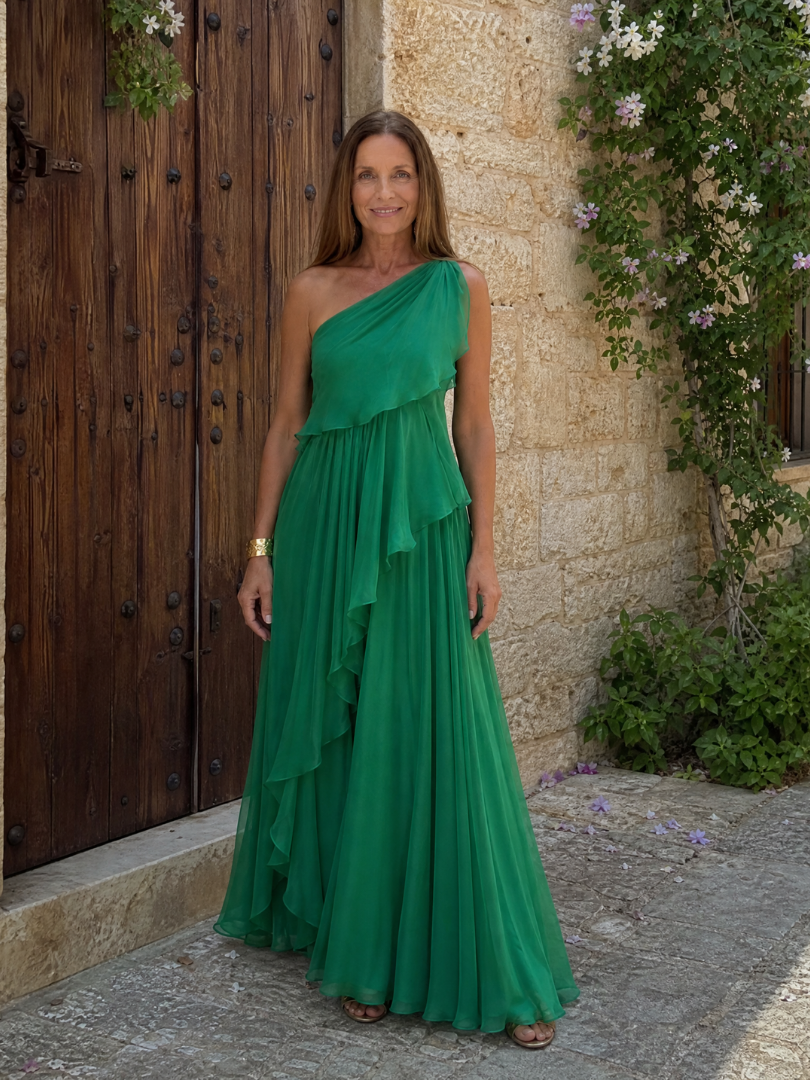 Trendé™ | Donatella Grünes Maxikleid mit One-Shoulder-Design