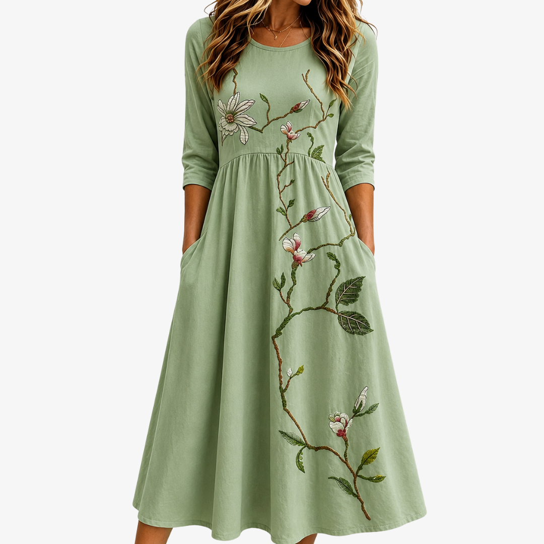 Trendé™ | Willow Bloom Salbei-Midikleid mit botanischem Muster