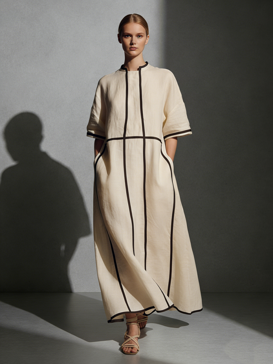 Trendé™ | Ariana Leinenmix-Maxikleid mit Taschen und Kontrastdetails