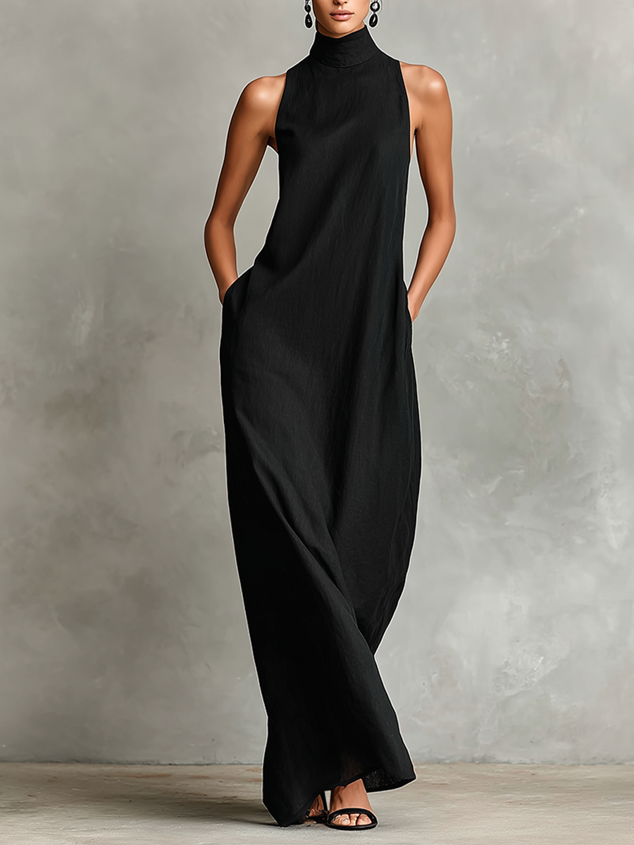Trendé™ | Daria Leinenmix-Maxikleid mit hohem Kragen und Taschen