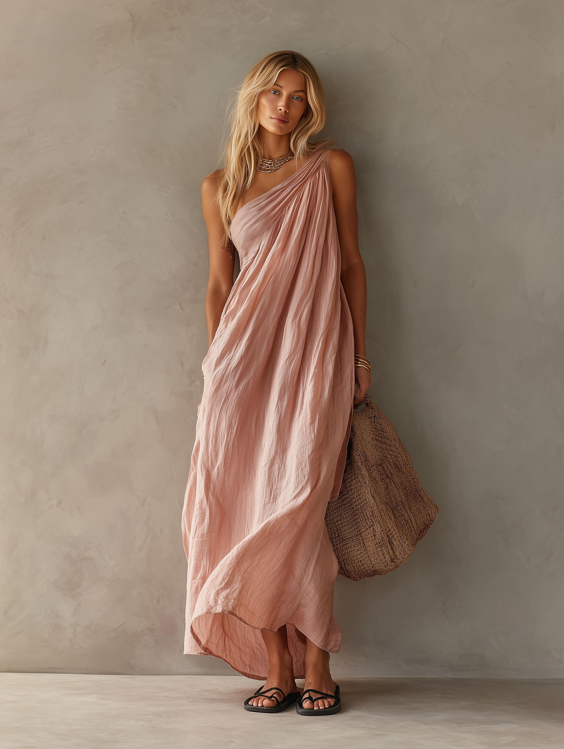 Trendé™ | Novalie Baumwoll-Leinen-Maxikleid mit One-Shoulder-Design und ärmellosem Schnitt