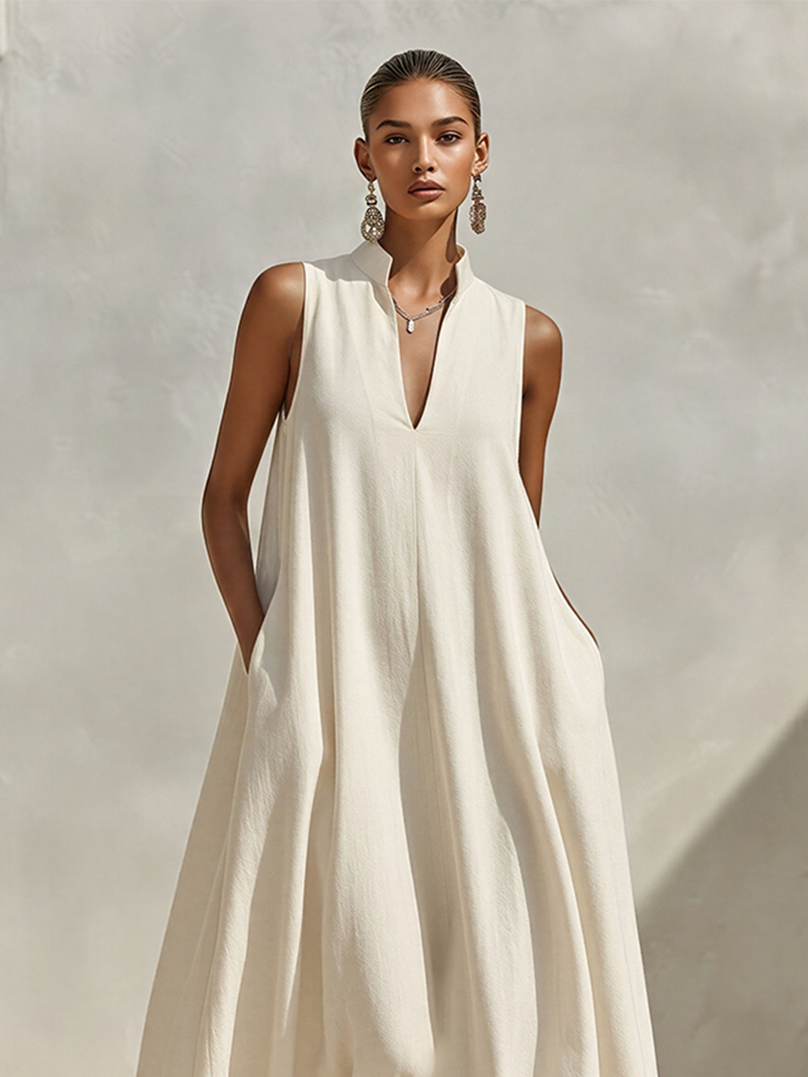 Trendé™ | Maribel Leinenmix-Maxikleid mit V-Ausschnitt und Stehkragen