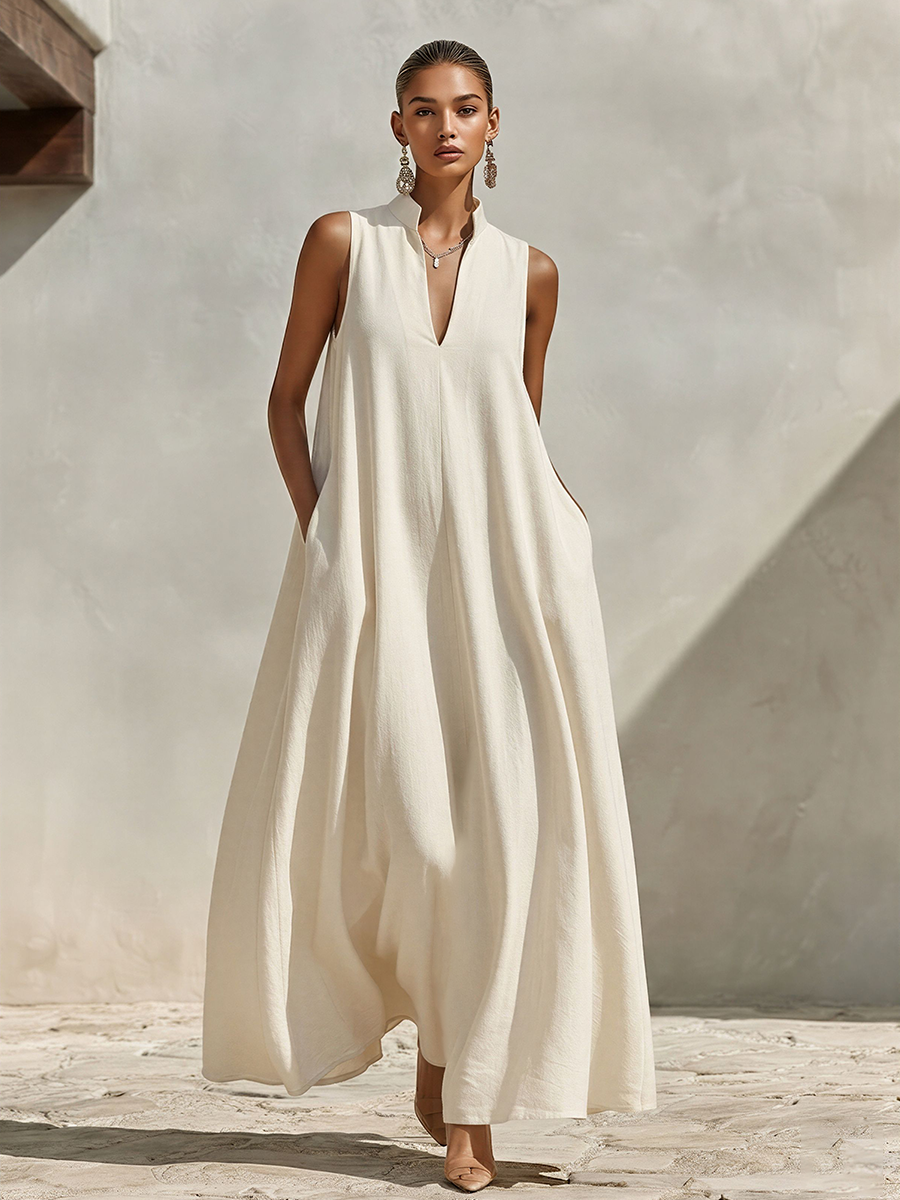 Trendé™ | Maribel Leinenmix-Maxikleid mit V-Ausschnitt und Stehkragen