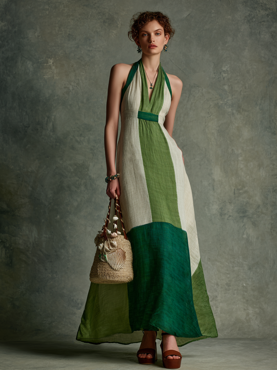 Trendé™ | Thalia Leinenmix-Maxikleid mit Neckholder-Ausschnitt und V-Ausschnitt