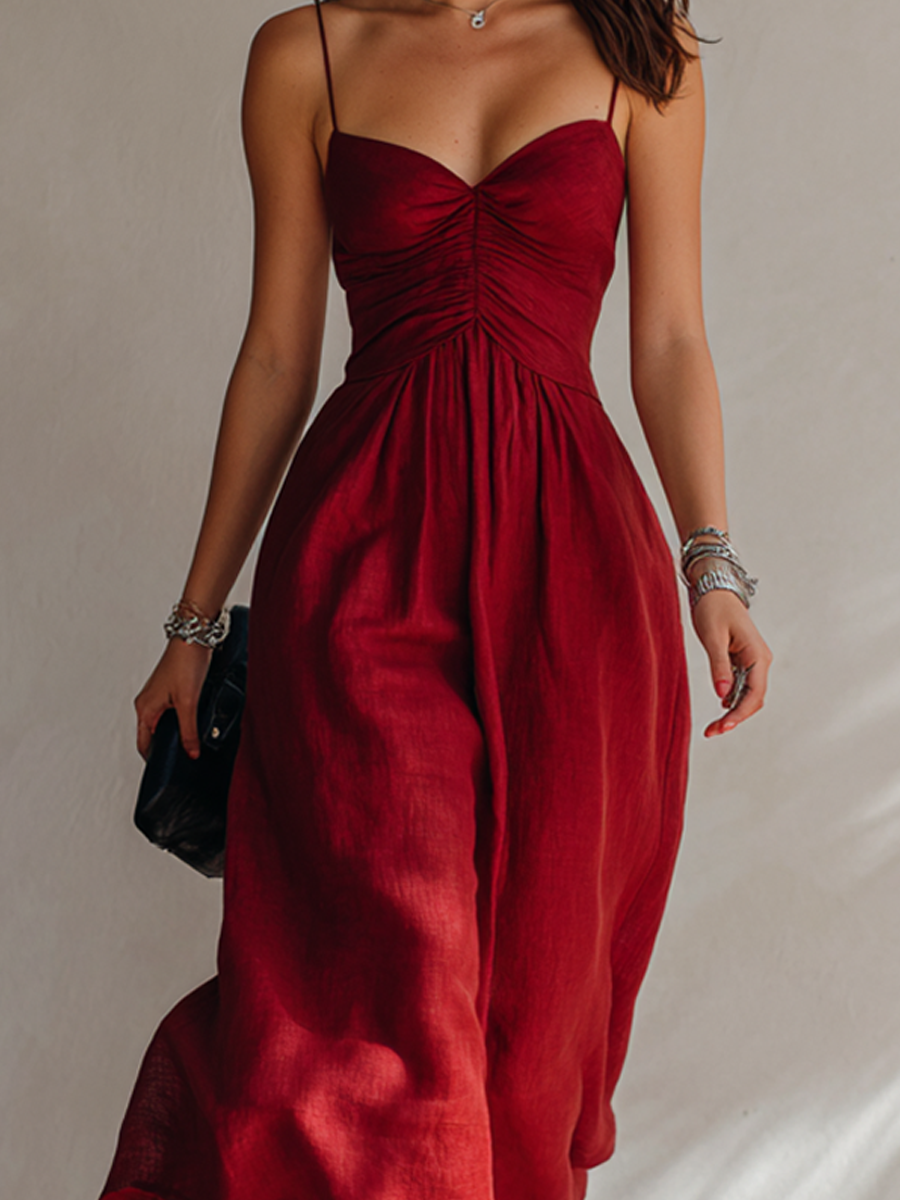 Trendé™ | Winona Leinenmix-Midikleid mit Spaghettiträgern und Raffungen