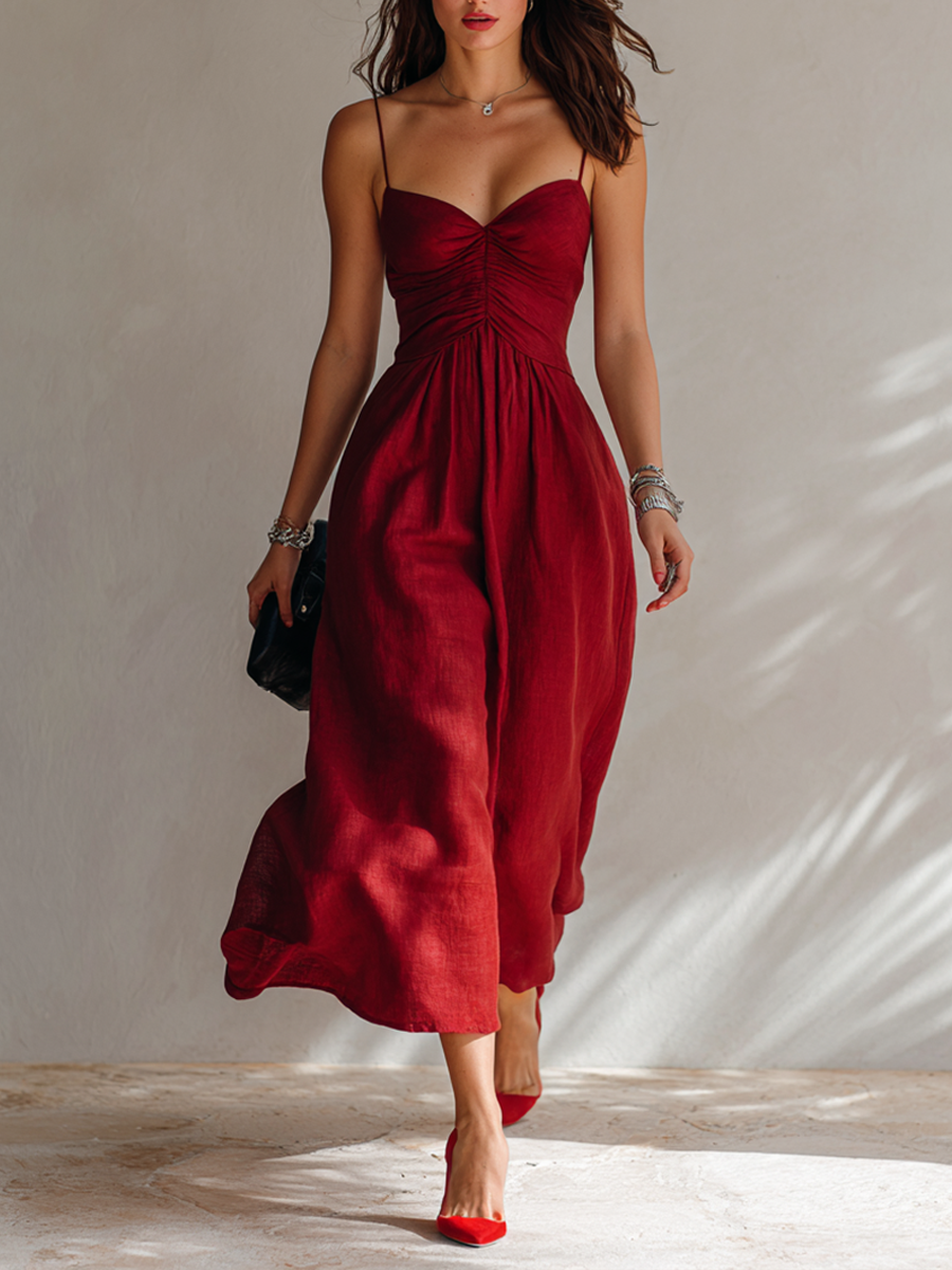 Trendé™ | Winona Leinenmix-Midikleid mit Spaghettiträgern und Raffungen