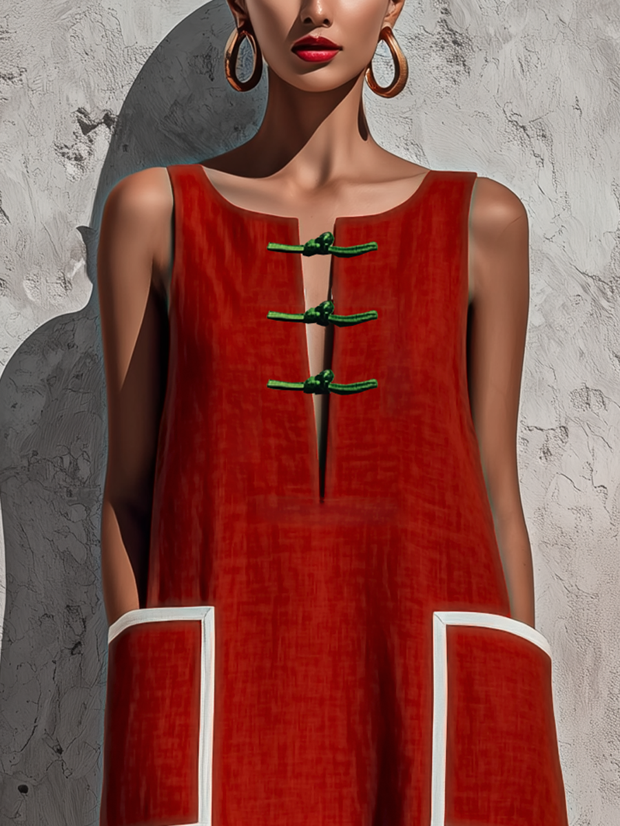 Trendé™ | Briana Baumwoll-Leinen-Midikleid mit ärmellosem Schnitt und Taschen