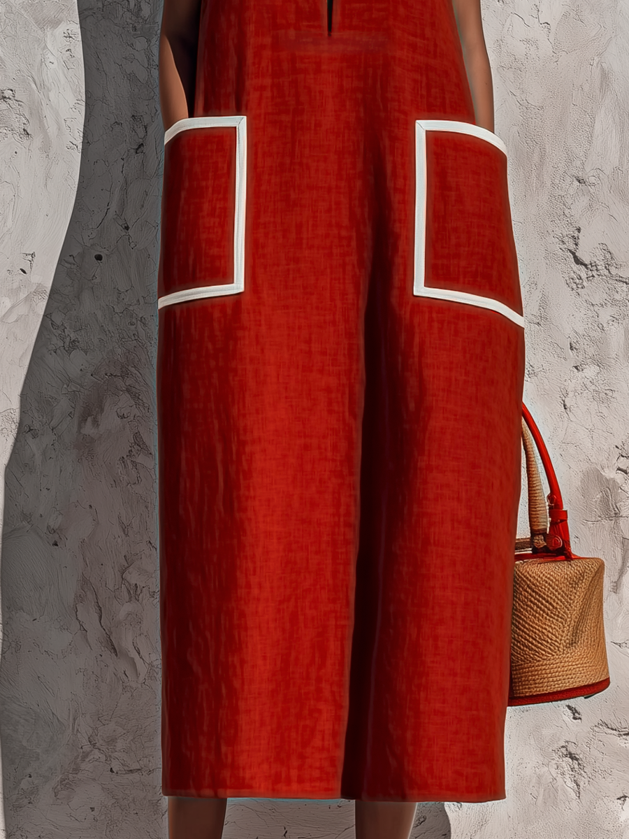 Trendé™ | Briana Baumwoll-Leinen-Midikleid mit ärmellosem Schnitt und Taschen