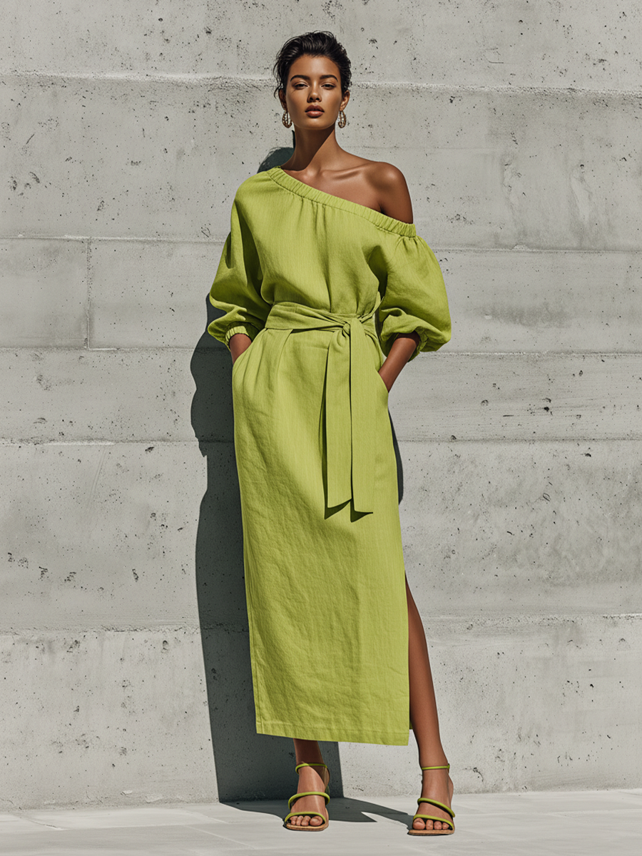 Trendé™ | Desiree Leinenmix-Midikleid mit Off-Shoulder-Schnitt und Puffärmeln