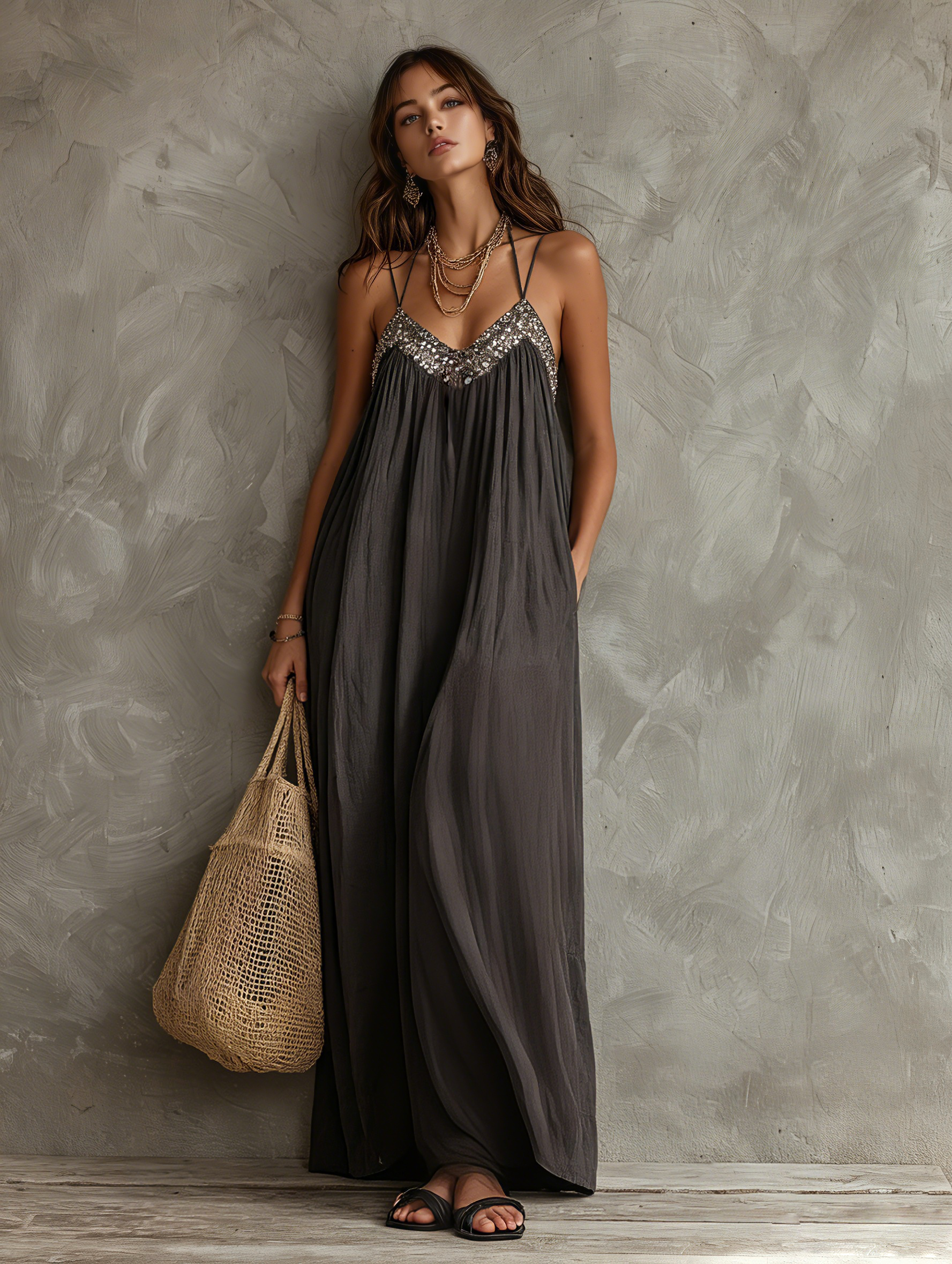 Trendé™ | Hermine Webstoff-Maxikleid mit V-Ausschnitt