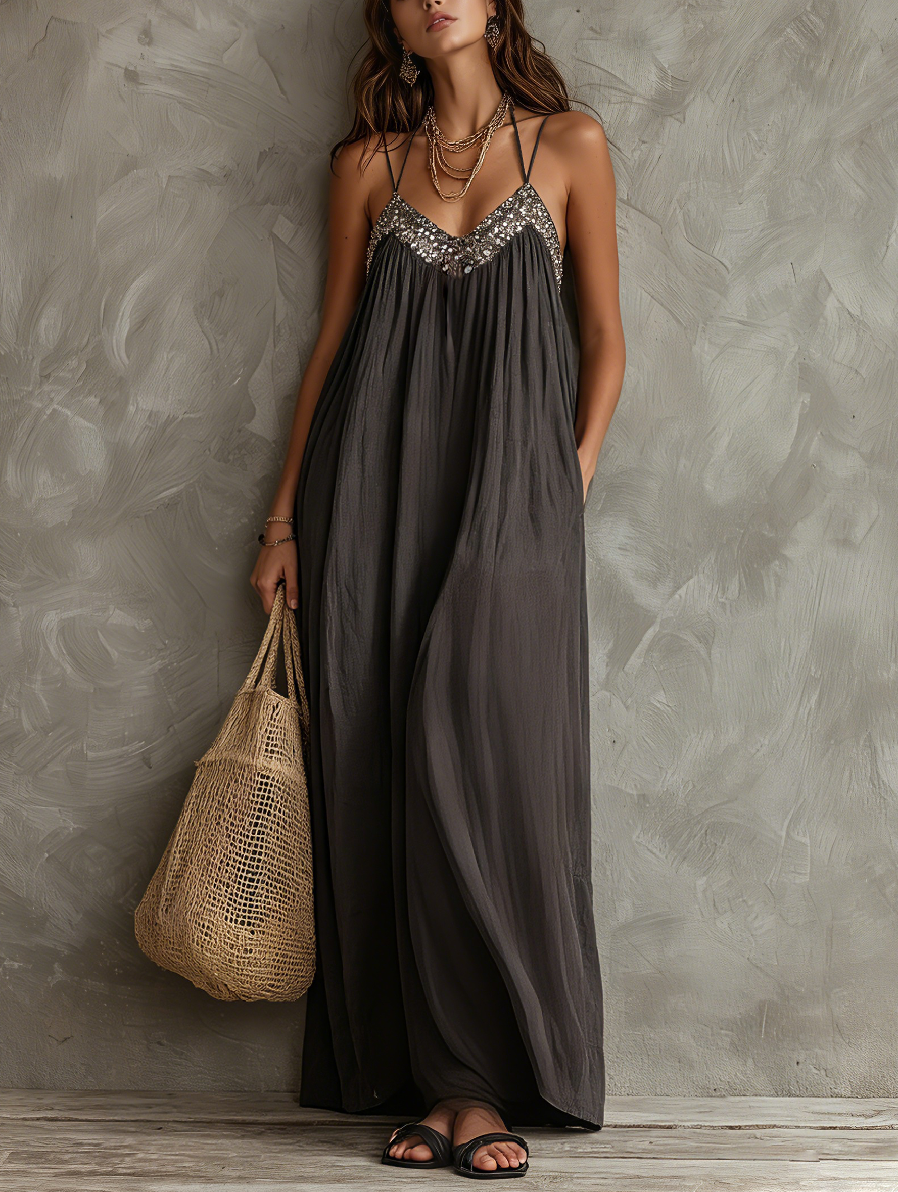 Trendé™ | Hermine Webstoff-Maxikleid mit V-Ausschnitt