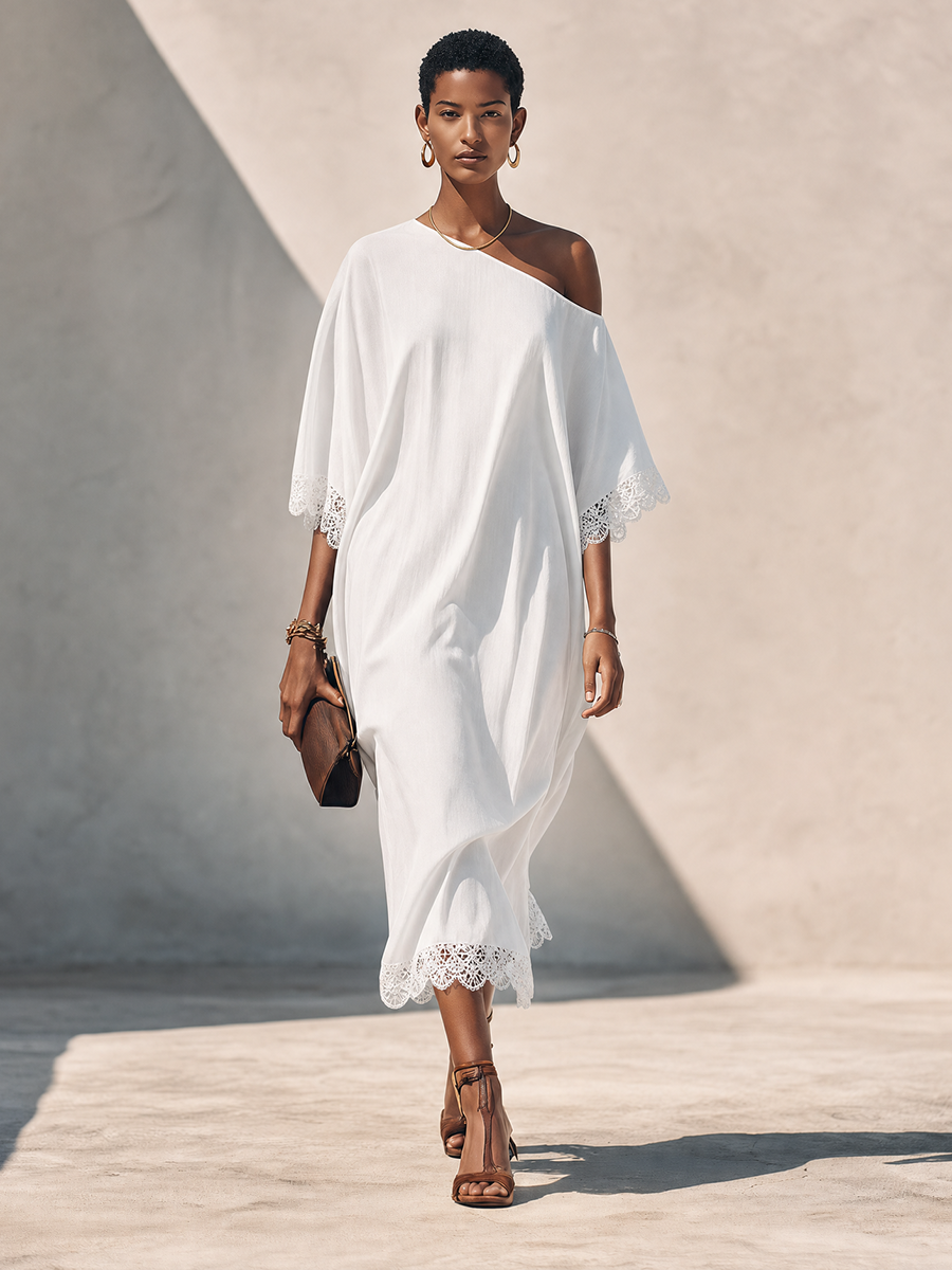 Trendé™ | Kalina Leinenmix-Midikleid mit Off-Shoulder-Schnitt und Spitzenbesatz