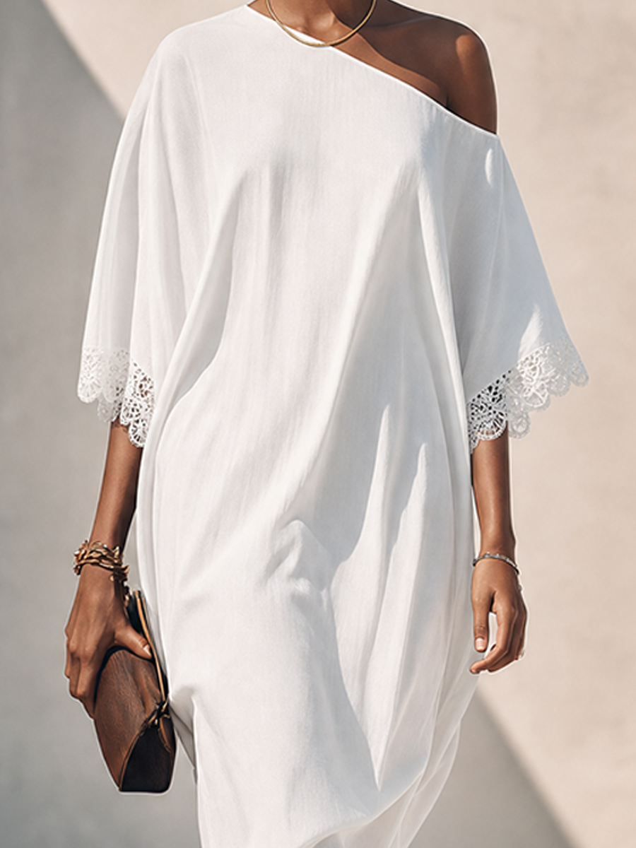 Trendé™ | Kalina Leinenmix-Midikleid mit Off-Shoulder-Schnitt und Spitzenbesatz