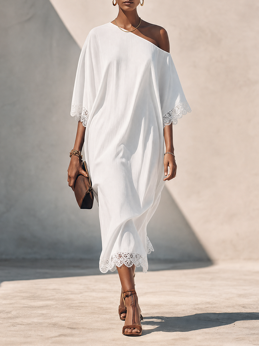 Trendé™ | Kalina Leinenmix-Midikleid mit Off-Shoulder-Schnitt und Spitzenbesatz