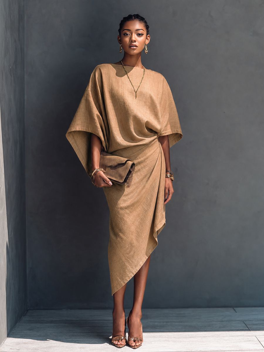 Trendé™ | Bianca Leinenmix-Midikleid mit kurzen Ärmeln und asymmetrischem Schnitt