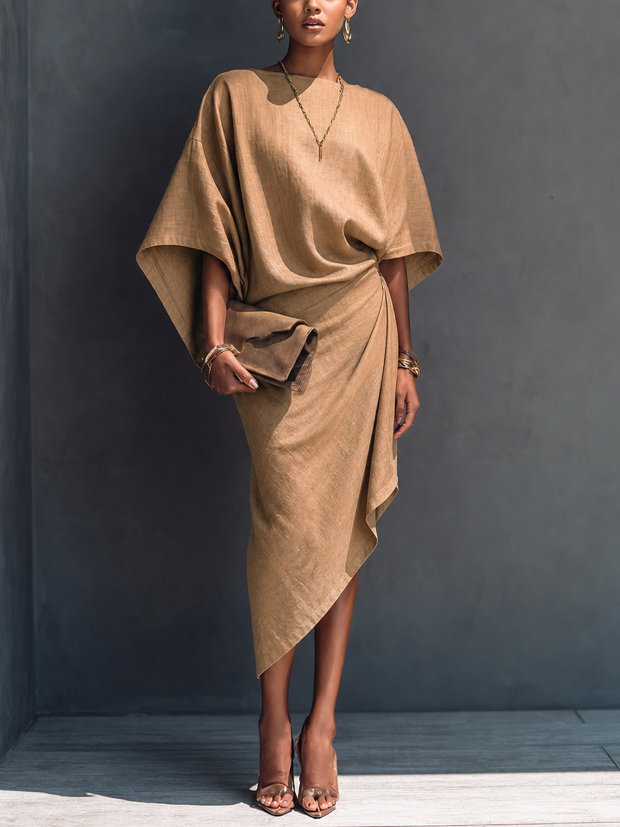 Trendé™ | Bianca Leinenmix-Midikleid mit kurzen Ärmeln und asymmetrischem Schnitt