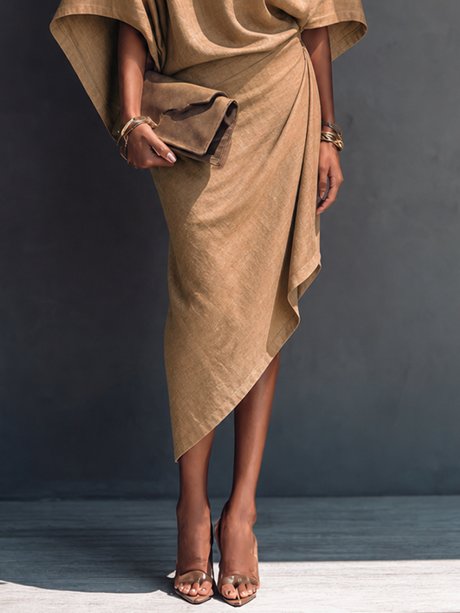 Trendé™ | Bianca Leinenmix-Midikleid mit kurzen Ärmeln und asymmetrischem Schnitt