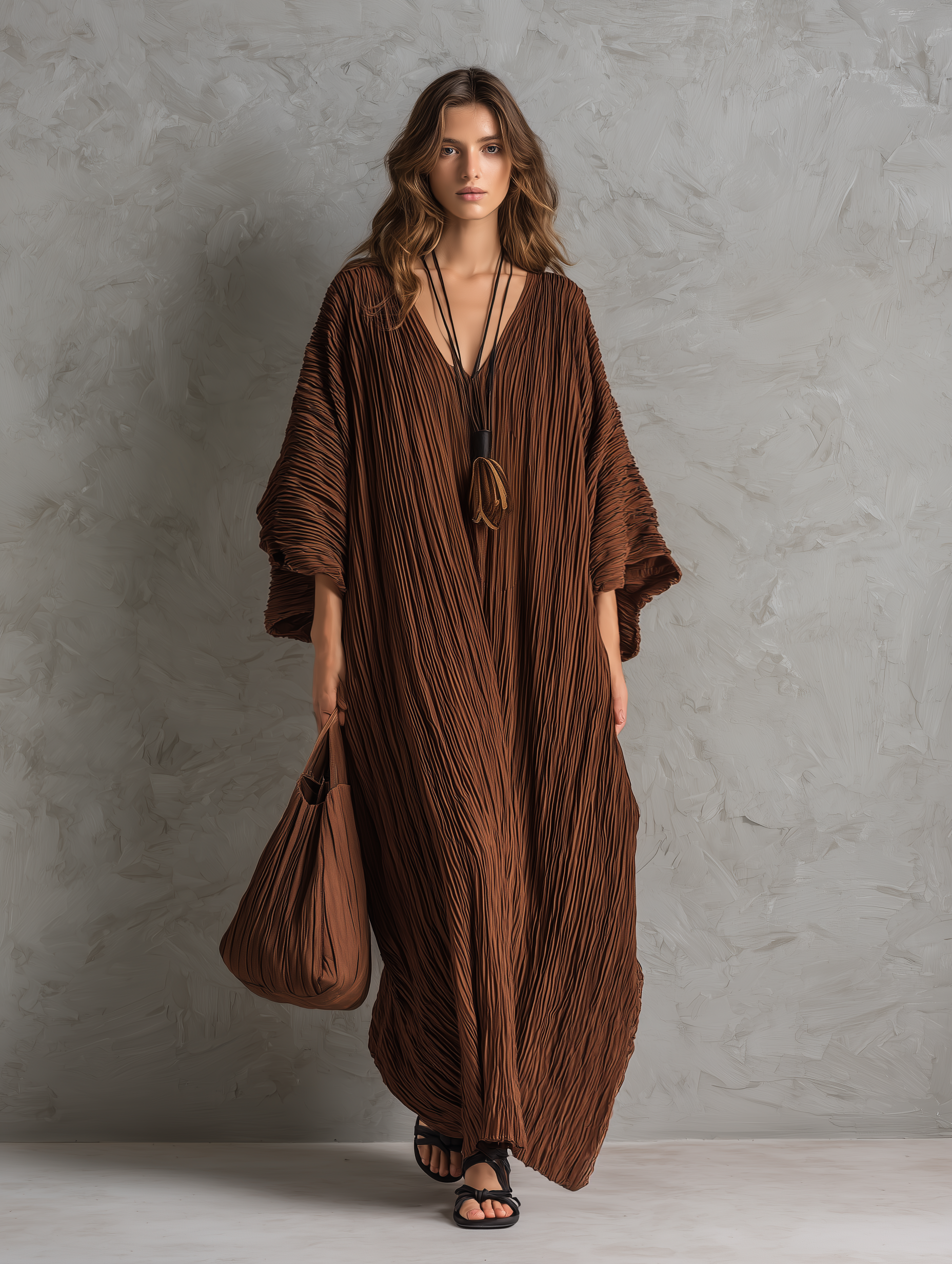 Trendé™ | Paulina Webstoff-Maxikleid mit V-Ausschnitt und Plisseefalten