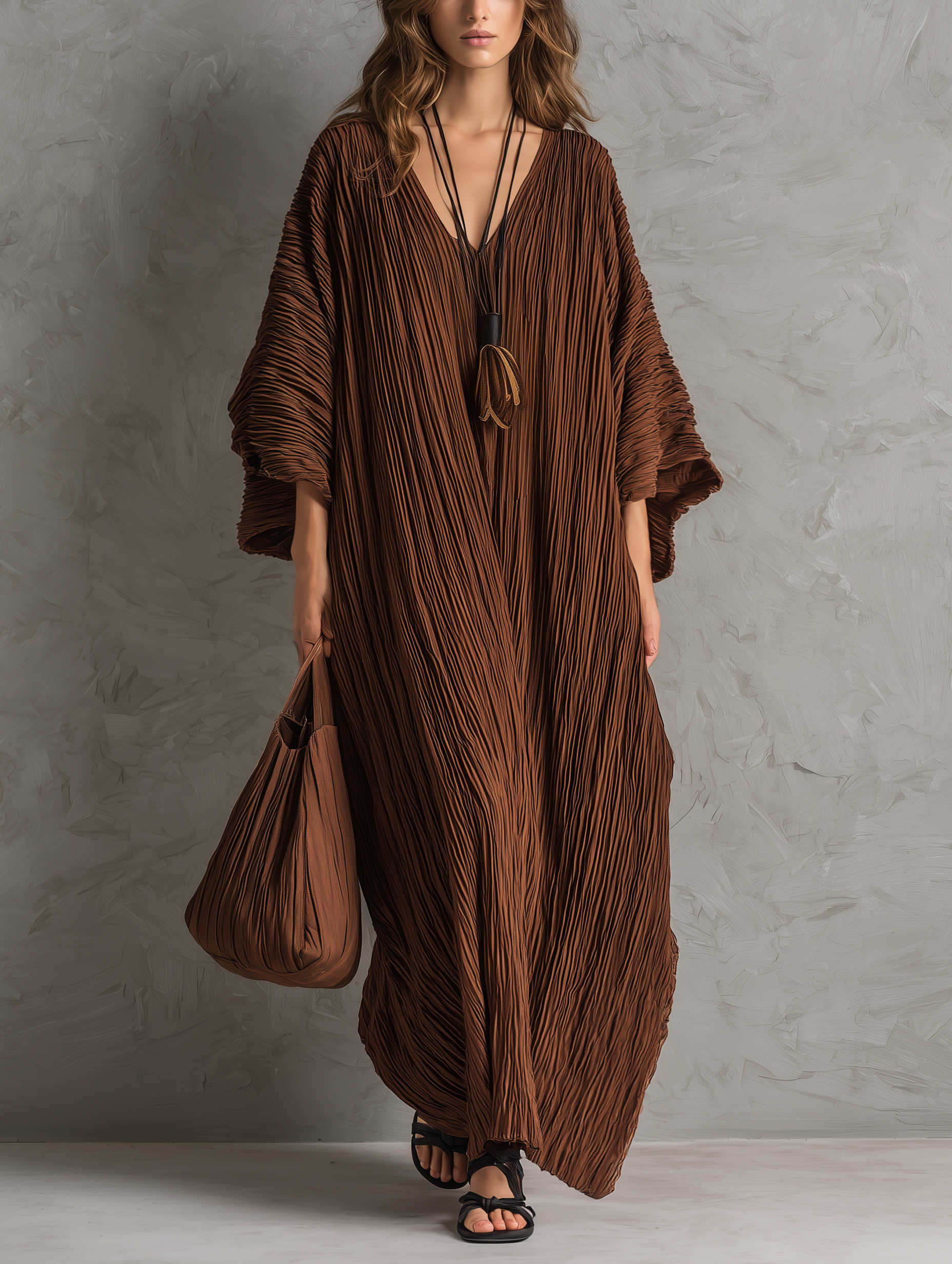 Trendé™ | Paulina Webstoff-Maxikleid mit V-Ausschnitt und Plisseefalten