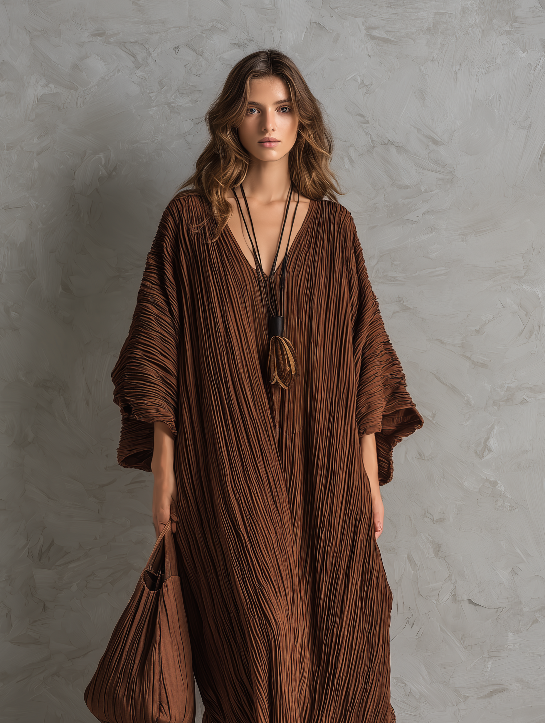 Trendé™ | Paulina Webstoff-Maxikleid mit V-Ausschnitt und Plisseefalten
