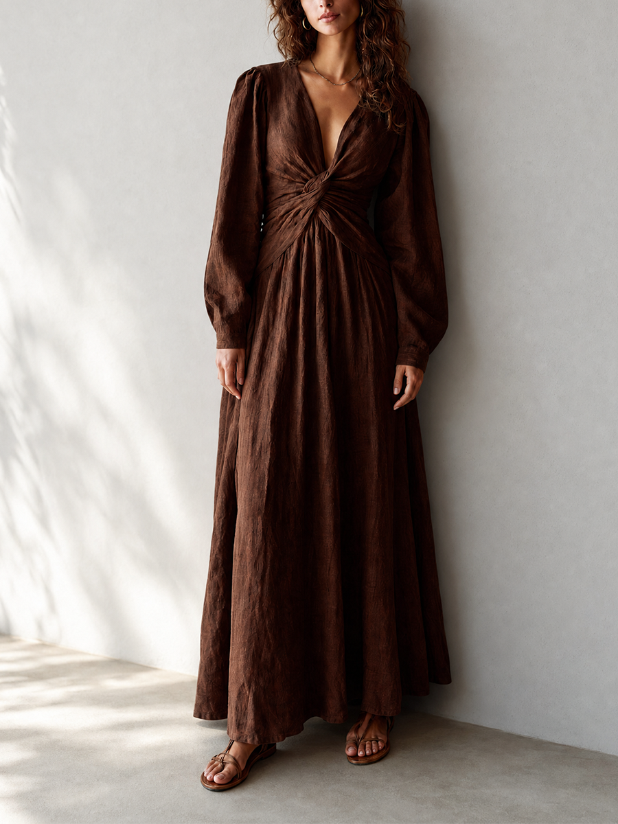 Trendé™ | Tatiana Leinenmix-Maxikleid mit V-Ausschnitt und tiefem V-Ausschnitt