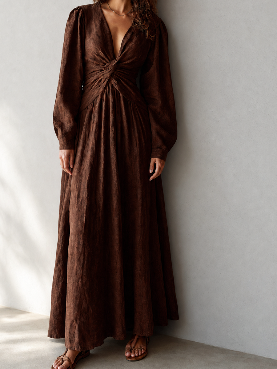 Trendé™ | Tatiana Leinenmix-Maxikleid mit V-Ausschnitt und tiefem V-Ausschnitt