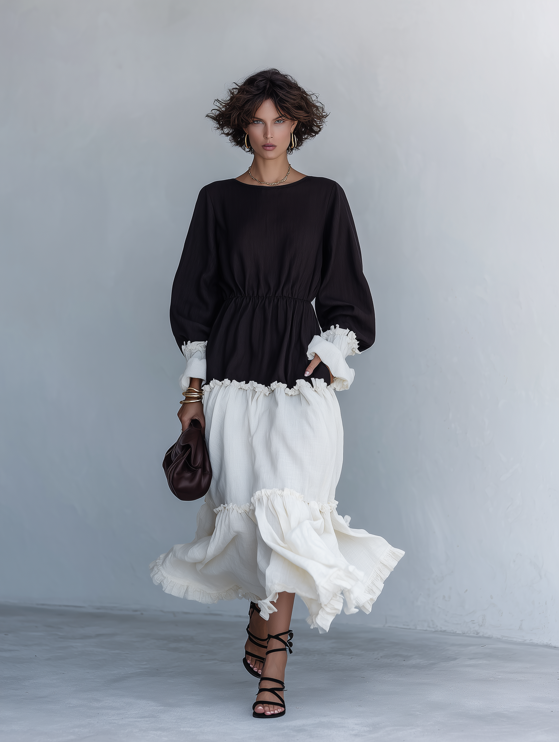 Trendé™ | Victoria Baumwoll-Leinen-Maxikleid mit Volants und Colorblock-Design