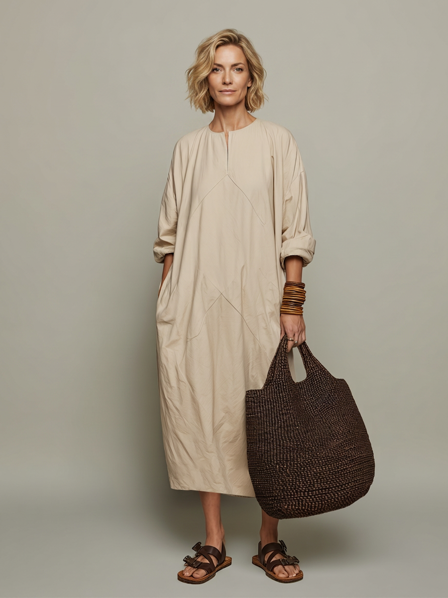 Trendé™ | Celestina Baumwoll-Kaftankleid mit Rundhalsausschnitt und lockerer Passform