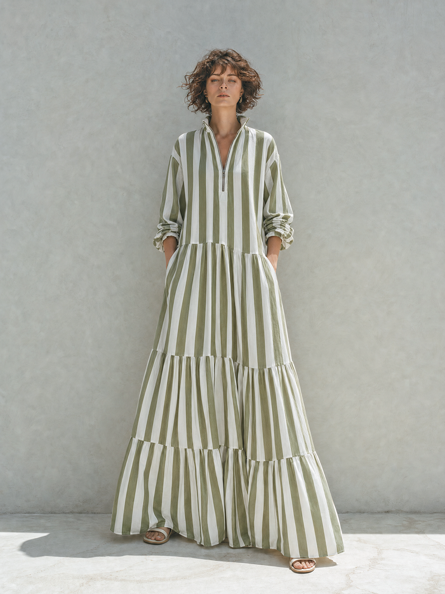 Trendé™ | Ivette Baumwoll-Maxikleid mit Streifenmuster und Reissverschluss