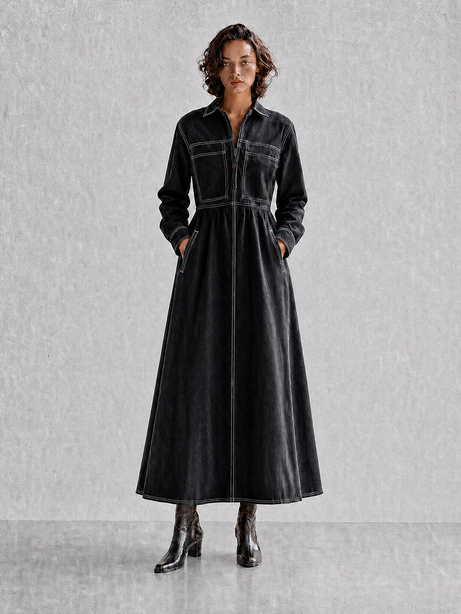 Trendé™ | Liselotte Denim-Maxikleid mit Kragen und betonter Taille