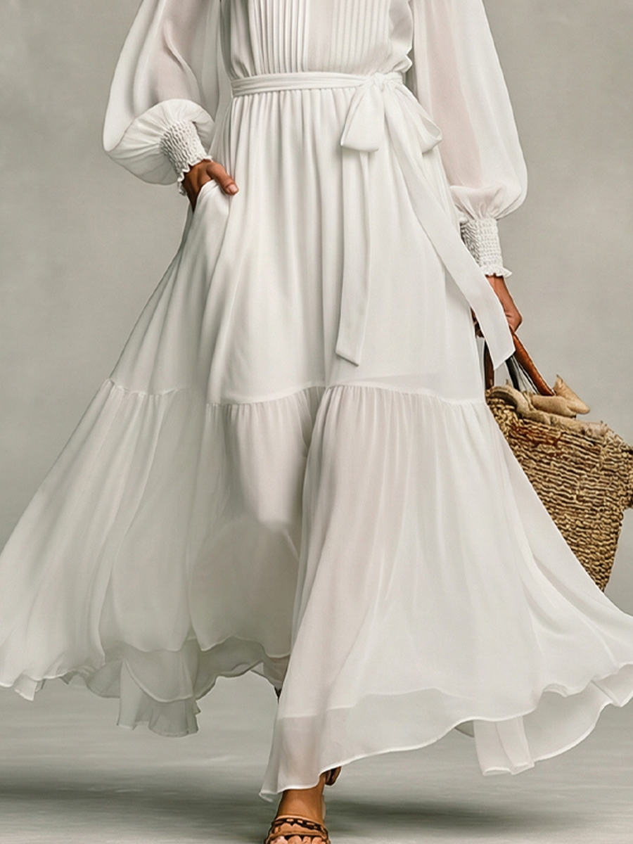 Trendé™ | Malou Chiffon-Maxikleid mit hohem Kragen und Laternenärmeln