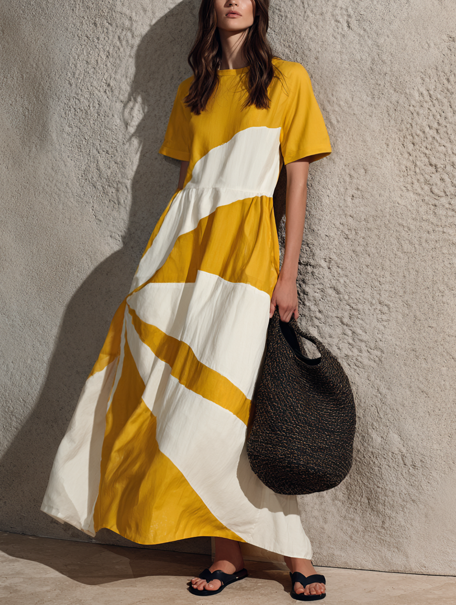 Trendé™ | Ornella Webstoff-Maxikleid mit Rundhalsausschnitt und kurzen Ärmeln