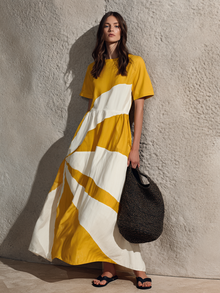 Trendé™ | Ornella Webstoff-Maxikleid mit Rundhalsausschnitt und kurzen Ärmeln