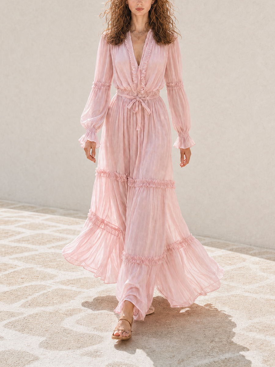 Trendé™ | Valeska Chiffon-Maxikleid mit V-Ausschnitt und Volants