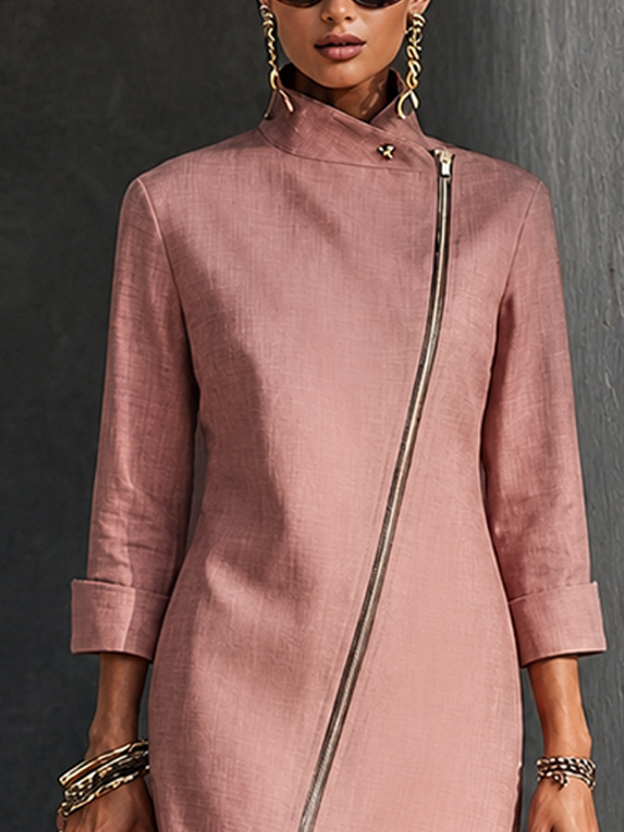 Trendé™ | Zora Baumwoll-Leinen-Minikleid mit Stehkragen und asymmetrischem Schnitt
