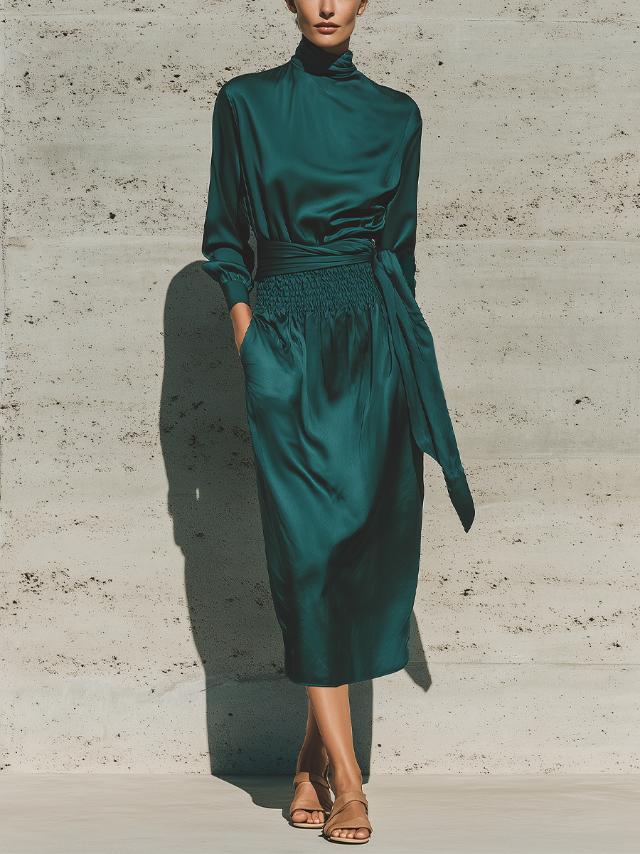 Trendé™ | Elora Satin-Midikleid mit Rollkragen und betonter Taille