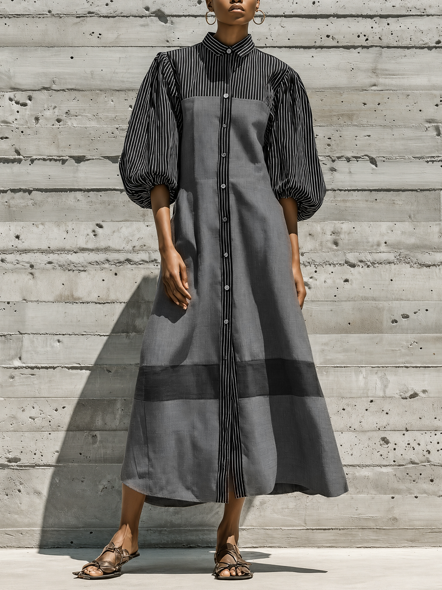 Trendé™ | Mirella Baumwoll-Leinen-Hemdkleid mit Kragen und Puffärmeln