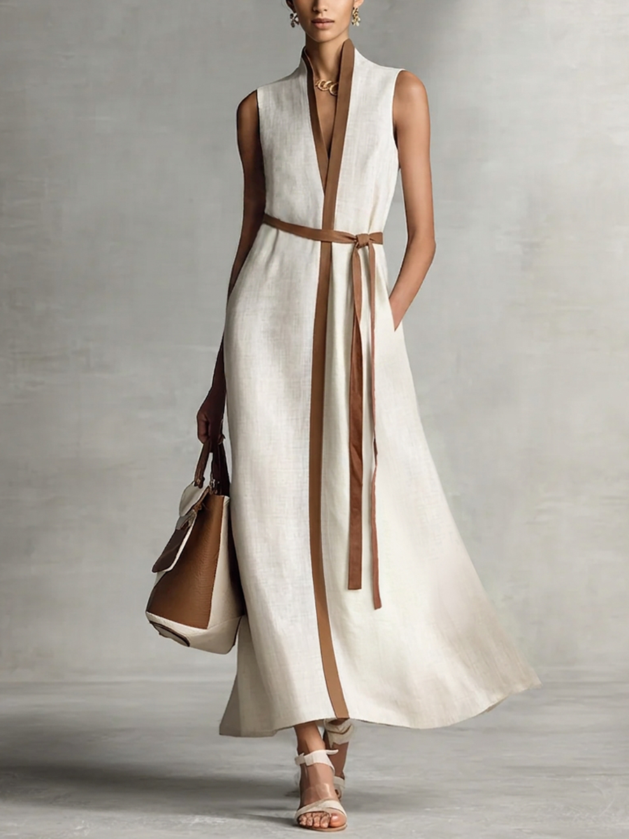 Trendé™ | Isla Baumwoll-Leinen-Maxikleid mit V-Ausschnitt und ärmellosem Schnitt