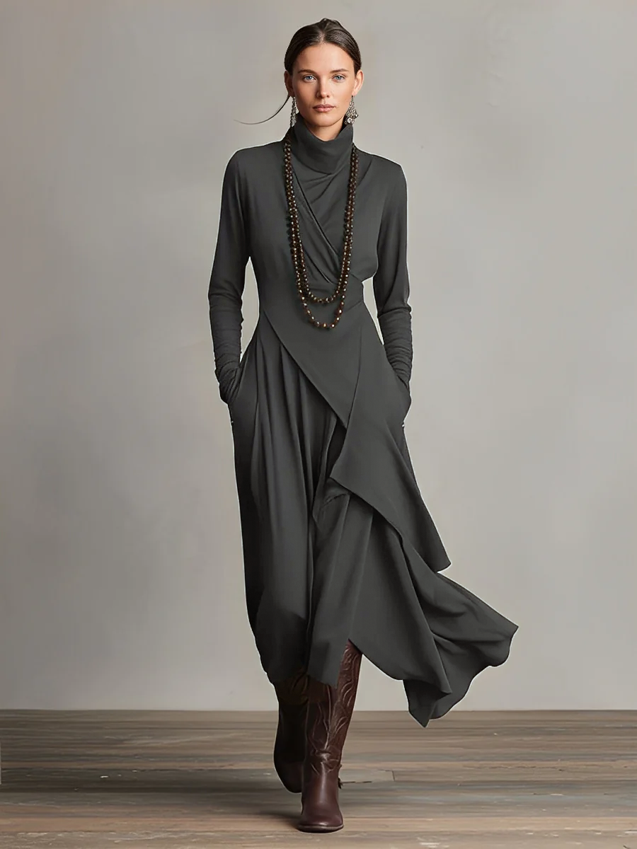 Trendé™ | Ronja Baumwoll-Maxikleid mit Rollkragen und asymmetrischem Schnitt