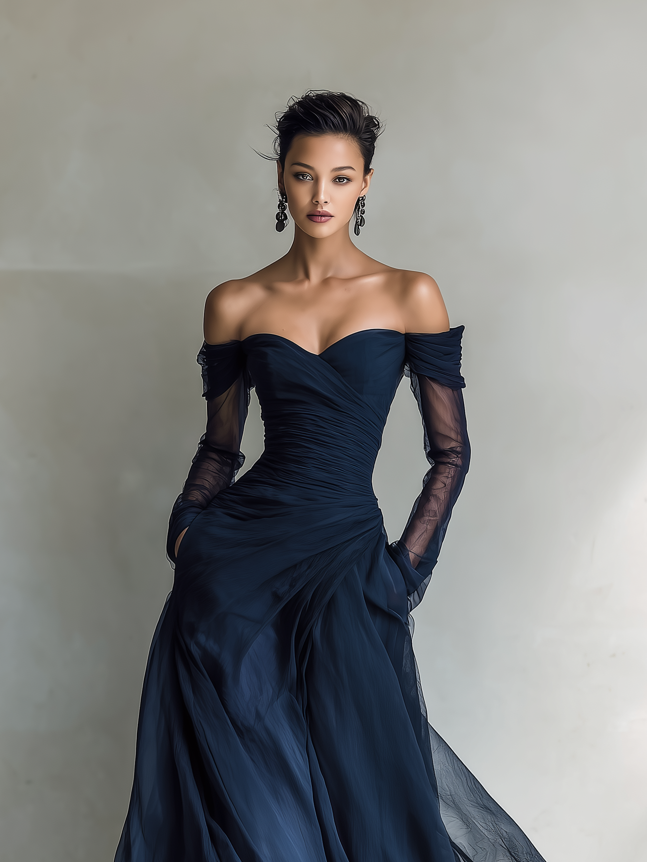 Trendé™ | Sabrina Chiffon-Organza-Maxikleid mit Off-Shoulder-Schnitt und langen Ärmeln